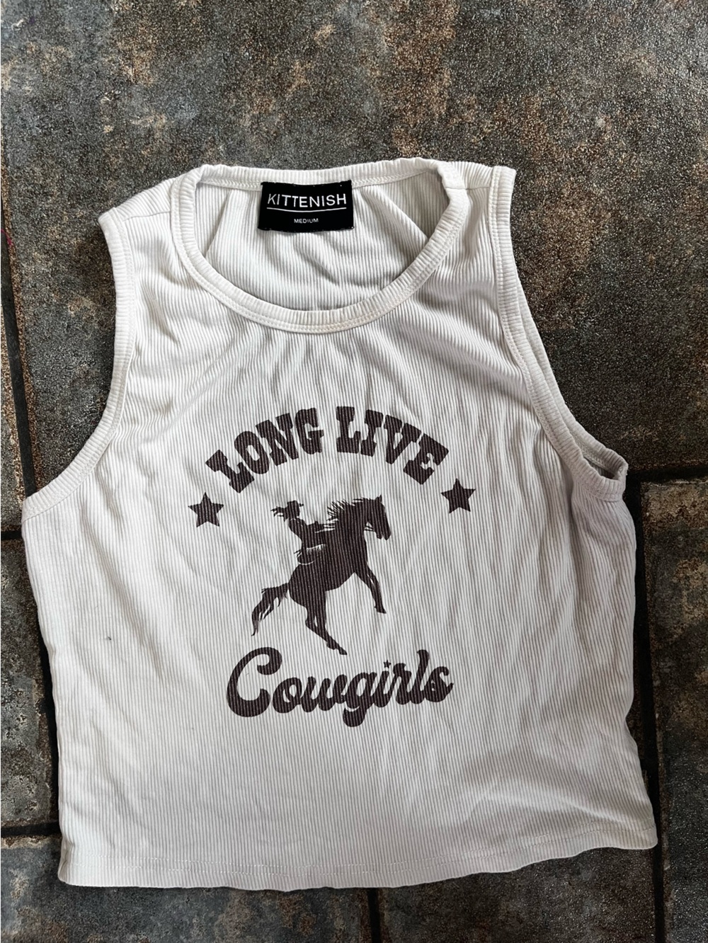 Kittenish White Ribbed Tank with Brown 'Long Live Cowgirls' Graphic